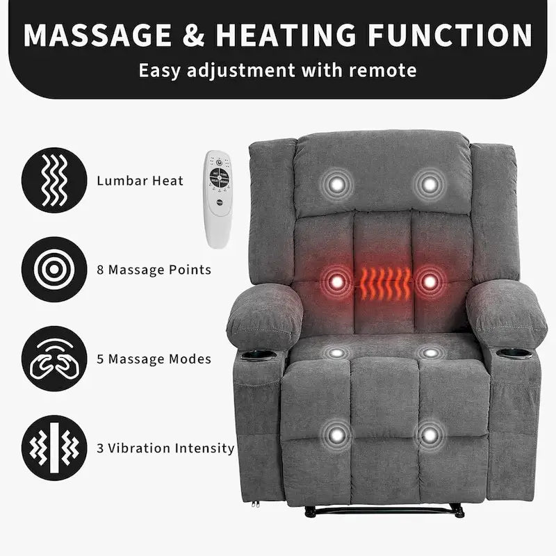 Sillón reclinable con control remoto, calor y masaje
