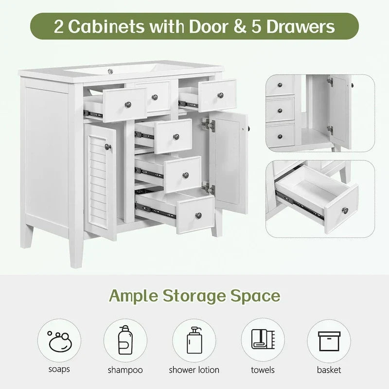 Mueble de baño con lavabo cerámico, dos armarios y cinco cajones