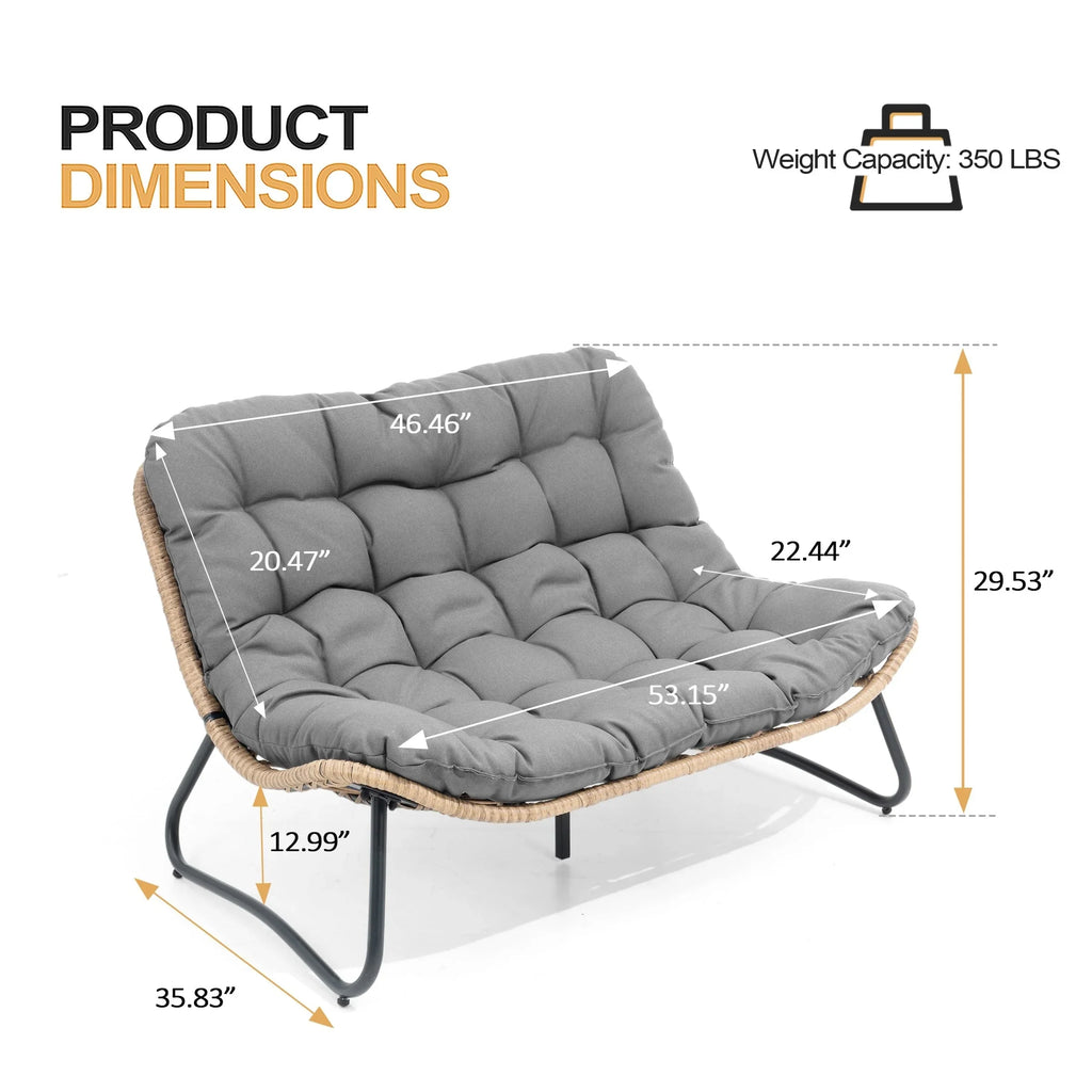 Sofá biplaza doble Papasan con cojín, ratán PE para todo tipo de clima y estructura metálica para interior/exterior