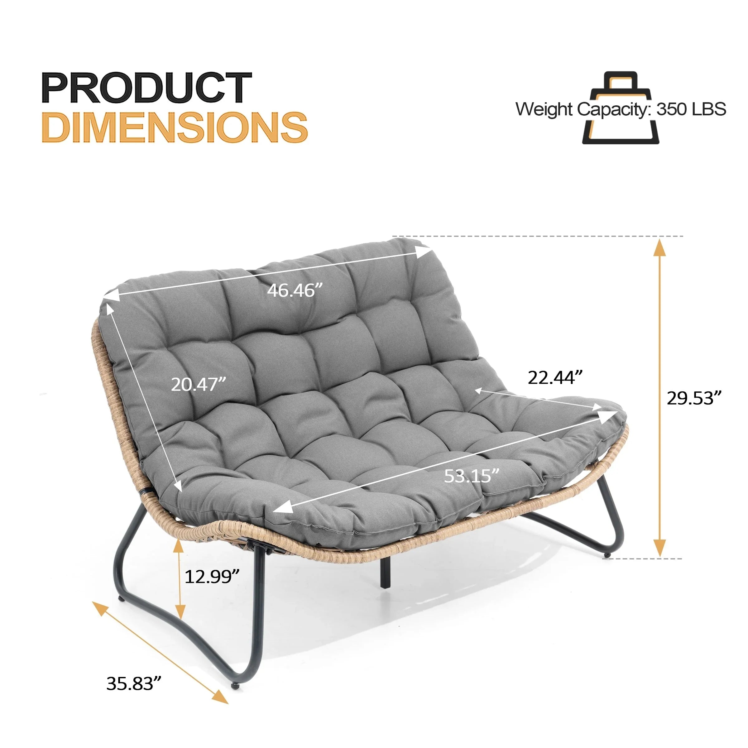 Sofá biplaza doble Papasan con cojín, ratán PE para todo tipo de clima y estructura metálica para interior/exterior