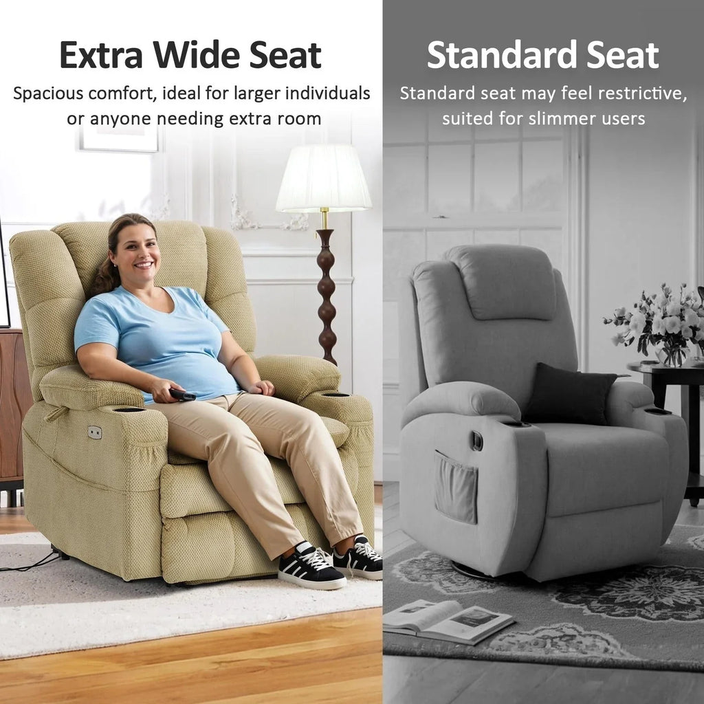 MCombo Sillón reclinable elevador eléctrico con motor dual ancho grande, masaje y doble calefacción para personas mayores altas y corpulentas, tela R7635