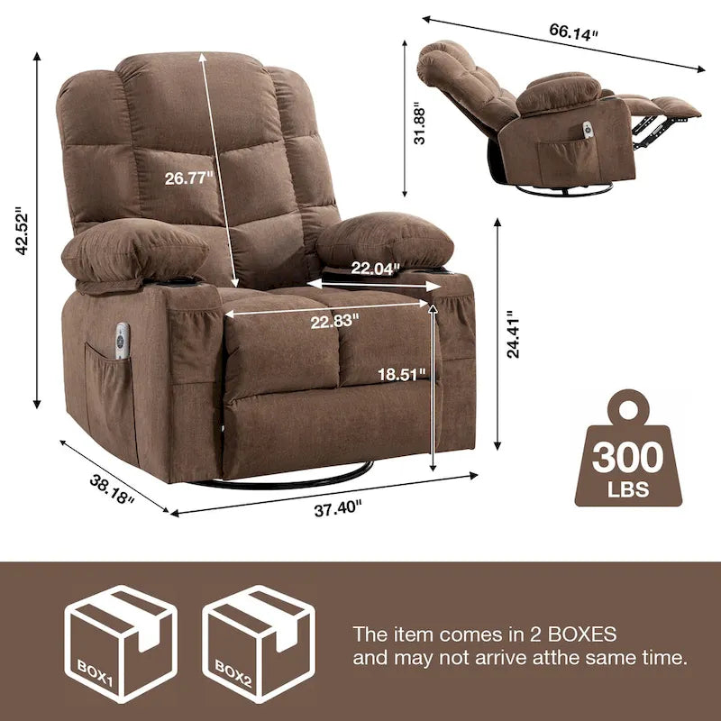 Reclinable extragrande gris con calor y masaje, reclinación de 150°, balanceo de 30°, carga USB y 2 portavasos