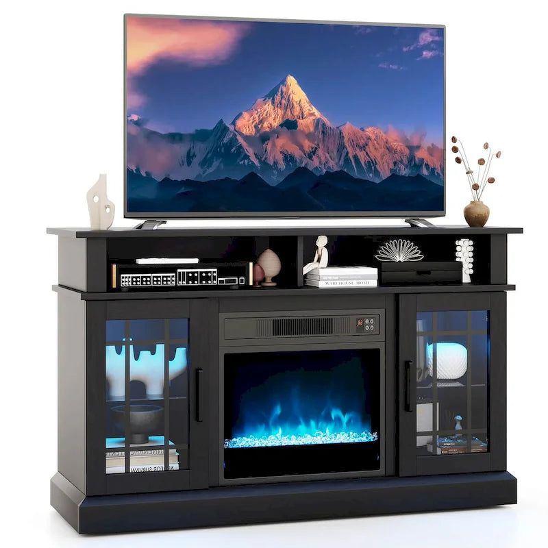 Mueble para TV con chimenea eléctrica, luces LED y mandos a distancia