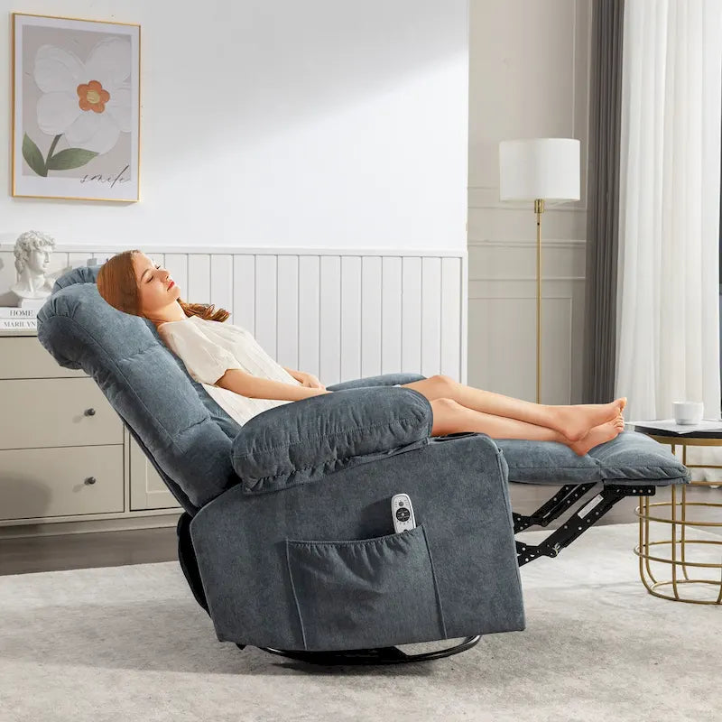Reclinable extragrande gris con calor y masaje, reclinación de 150°, balanceo de 30°, carga USB y 2 portavasos