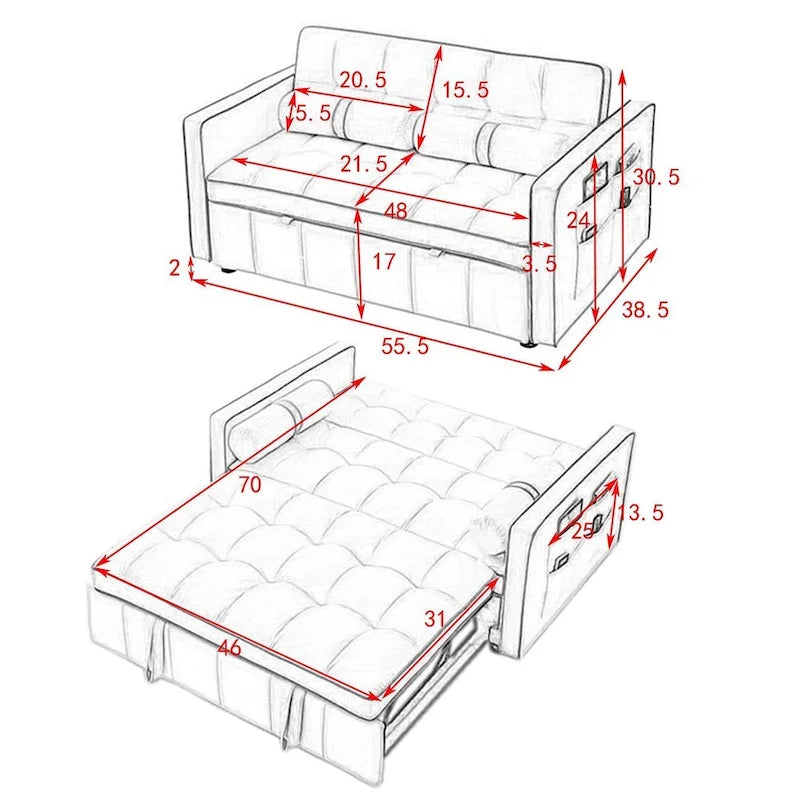 Sofá Cama Extraíble Multifuncional de Terciopelo con Respaldo Reclinable Ajustable con Almohadas - N/A