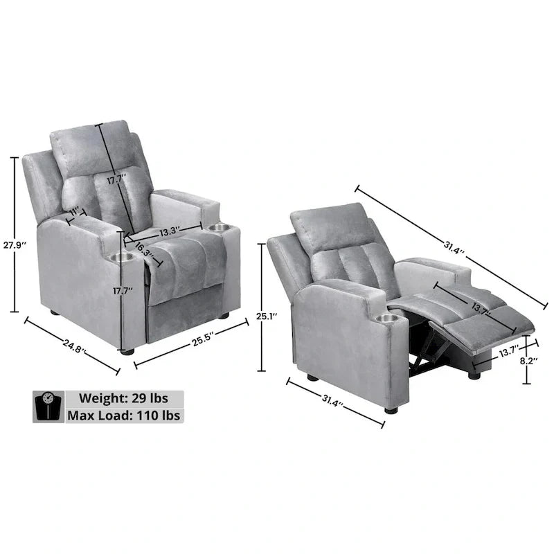 Sillón Reclinable Deluxe para Niños con Reposapiés, Reposacabezas y 2 Portavasos, Reclinable Infantil de Microfibra para Mayores de 3 Años