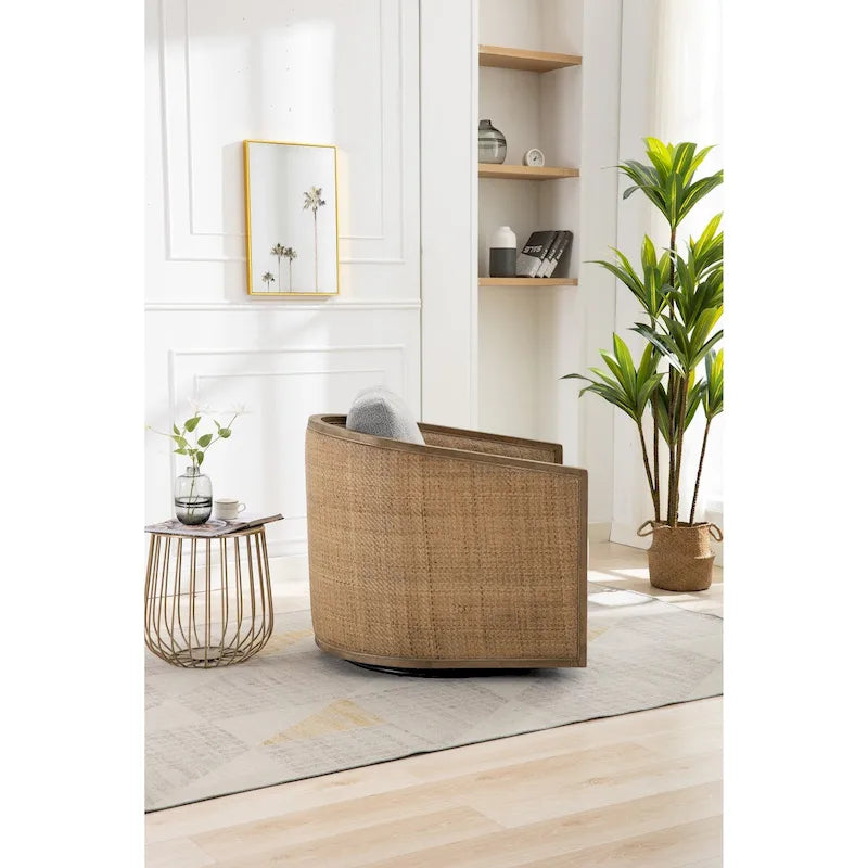 Sillón Giratorio de Barril, Cómodo Sillón Redondo Decorativo, Sillón Club Giratorio de Barril de 360 Grados, Sillón de Ocio con Estructura Tejida de Ratán