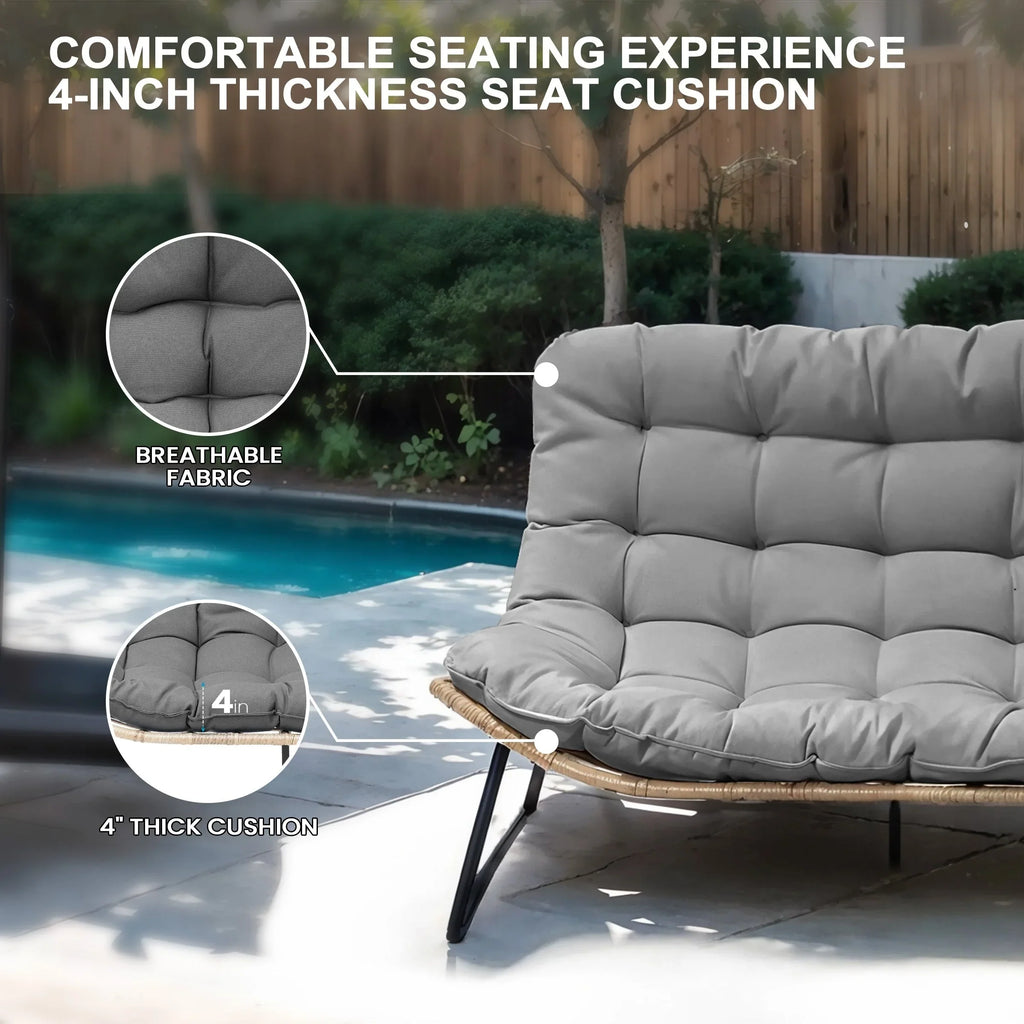 Sofá biplaza doble Papasan con cojín, ratán PE para todo tipo de clima y estructura metálica para interior/exterior