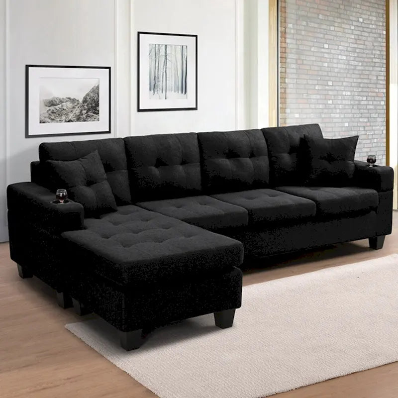 Sofá Seccional para Sala de Estar con Chaise Longue en Forma de L y portavasos