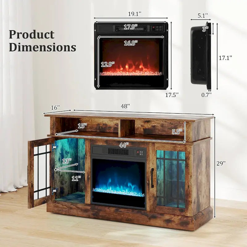 Mueble para TV con chimenea eléctrica, luces LED y mandos a distancia