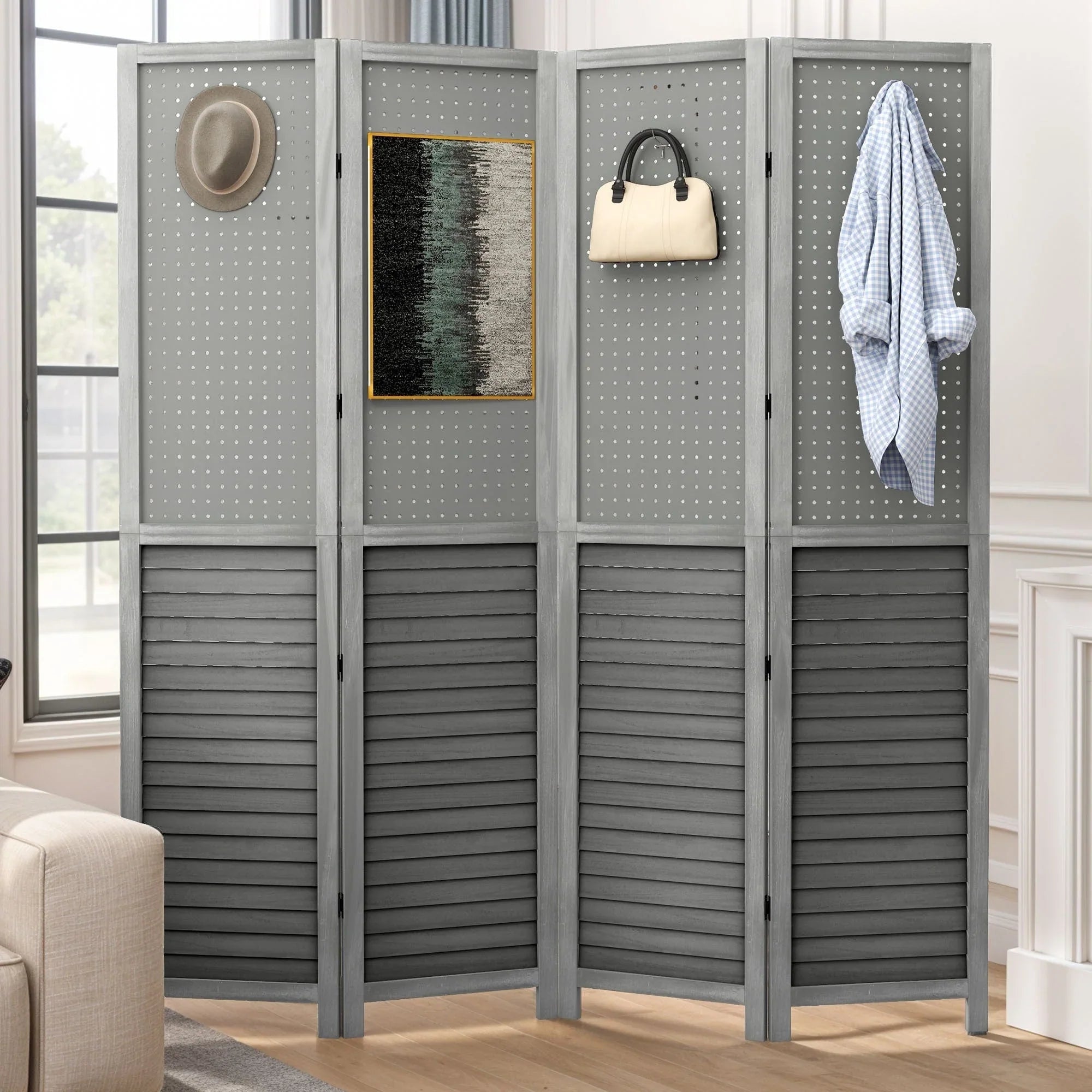 Moasis 67 Divisor de ambiente de madera de 4 paneles, blanco