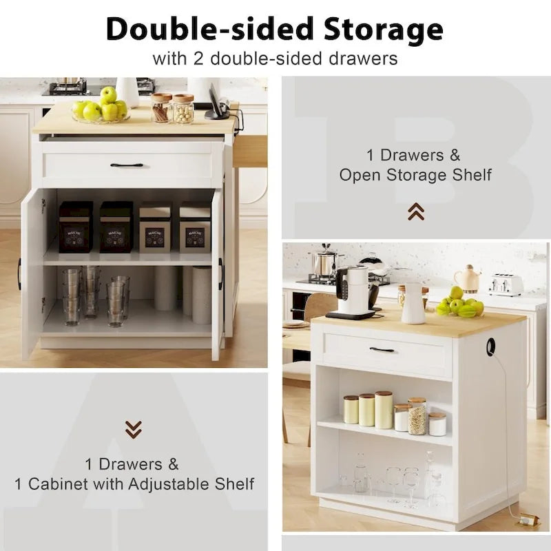 82.7 Isla de cocina de madera para 4-6 personas con mesa de comedor extensible y almacenamiento doble