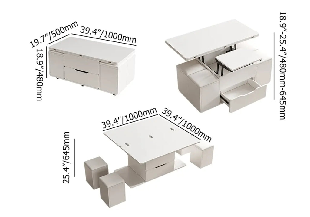 Mesa de centro elevable y plegable con 4 taburetes y almacenamiento