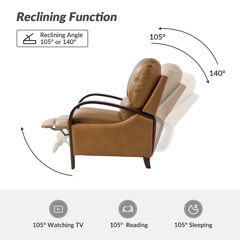 Sofá reclinable manual Alex Mid-century Modern Cigar de cuero genuino con brazos curvos de madera