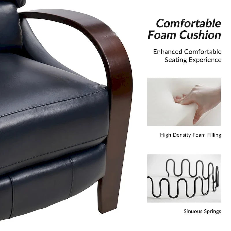 Sofá reclinable manual Alex Mid-century Modern Cigar de cuero genuino con brazos curvos de madera