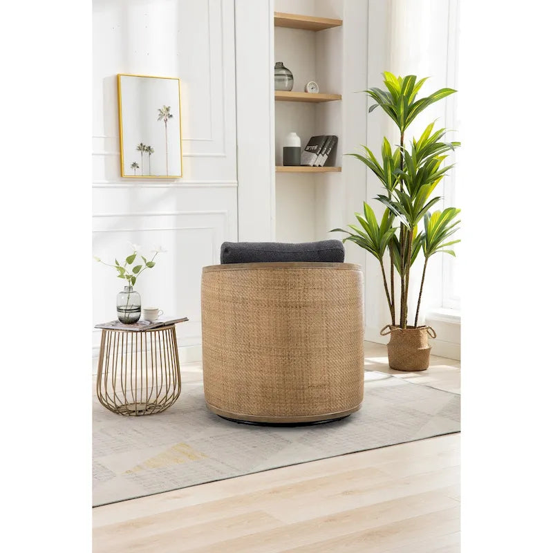 Sillón Giratorio de Barril, Cómodo Sillón Redondo Decorativo, Sillón Club Giratorio de Barril de 360 Grados, Sillón de Ocio con Estructura Tejida de Ratán