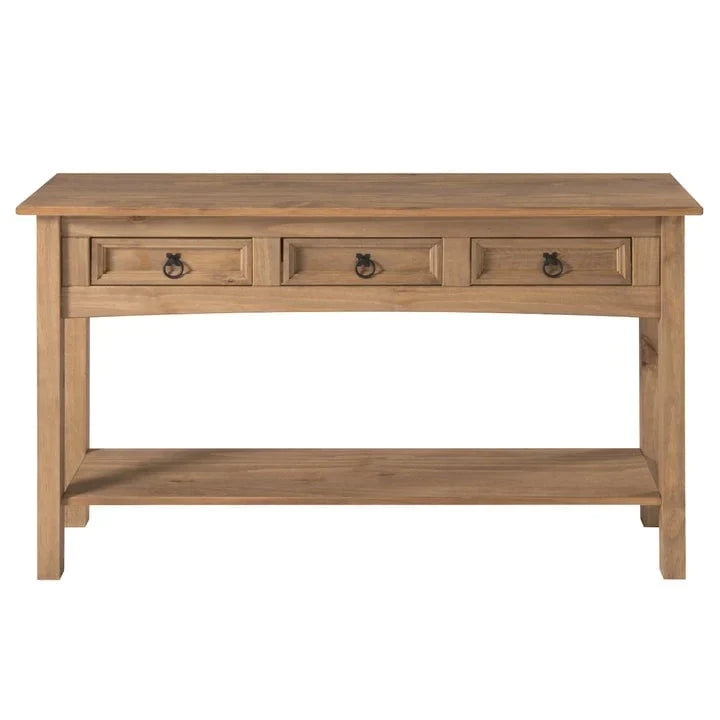 Mesa Consola de Pasillo Rústica de Pino Macizo, Blanqueado / Marrón Antiguo / Lavado Gris / Sin Pintar, 3 Cajones