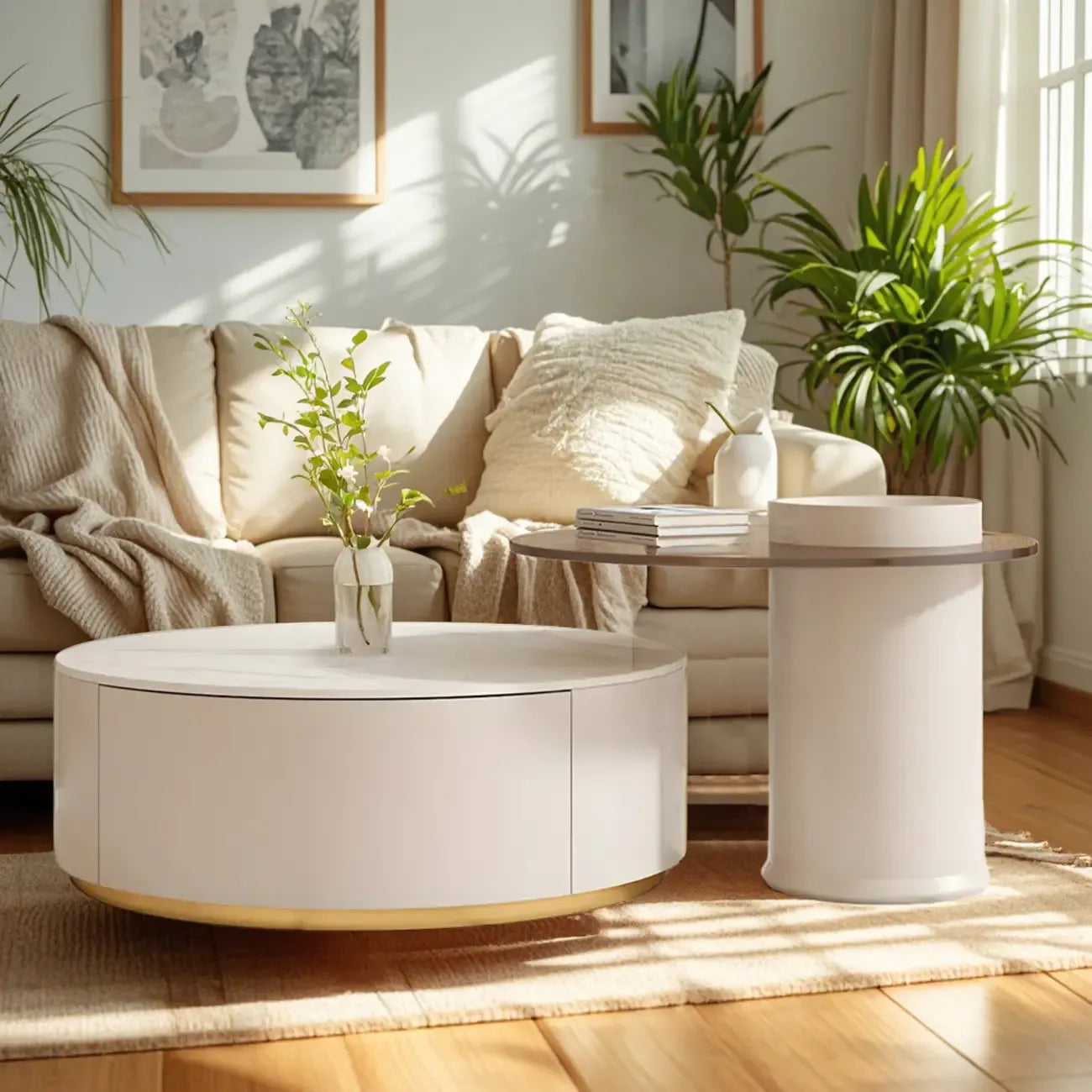 Mesa de centro redonda moderna blanca de madera con cajones tipo tambor