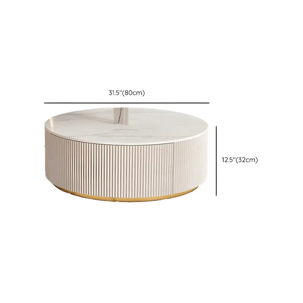 Mesa de centro redonda moderna blanca de madera con cajones tipo tambor