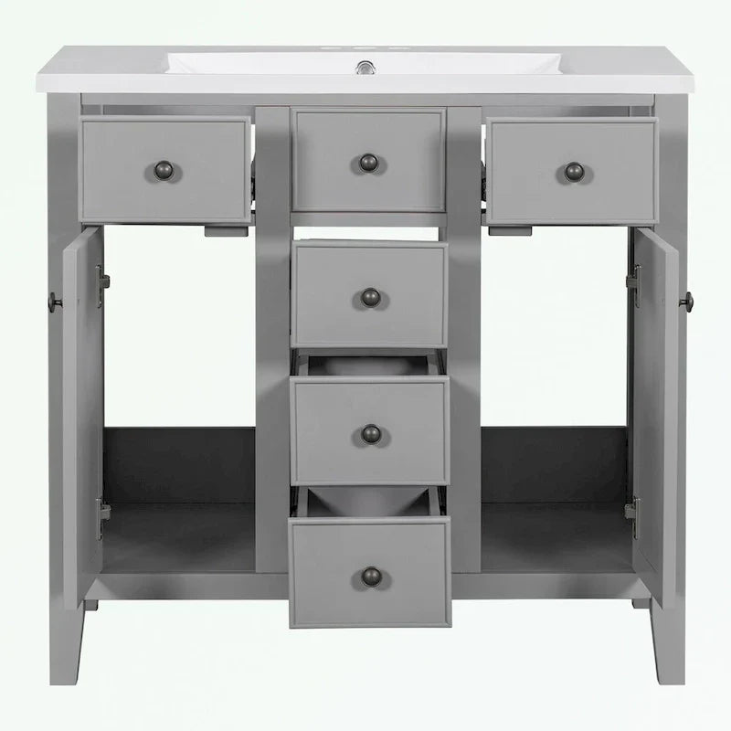 Mueble de baño con lavabo cerámico, dos armarios y cinco cajones