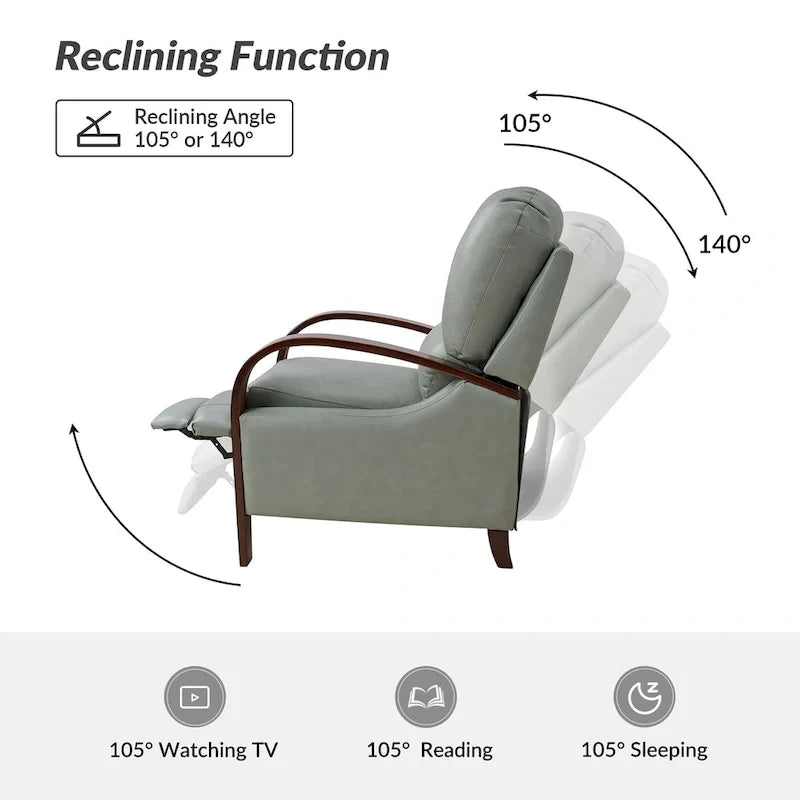 Sofá reclinable manual Alex Mid-century Modern Cigar de cuero genuino con brazos curvos de madera