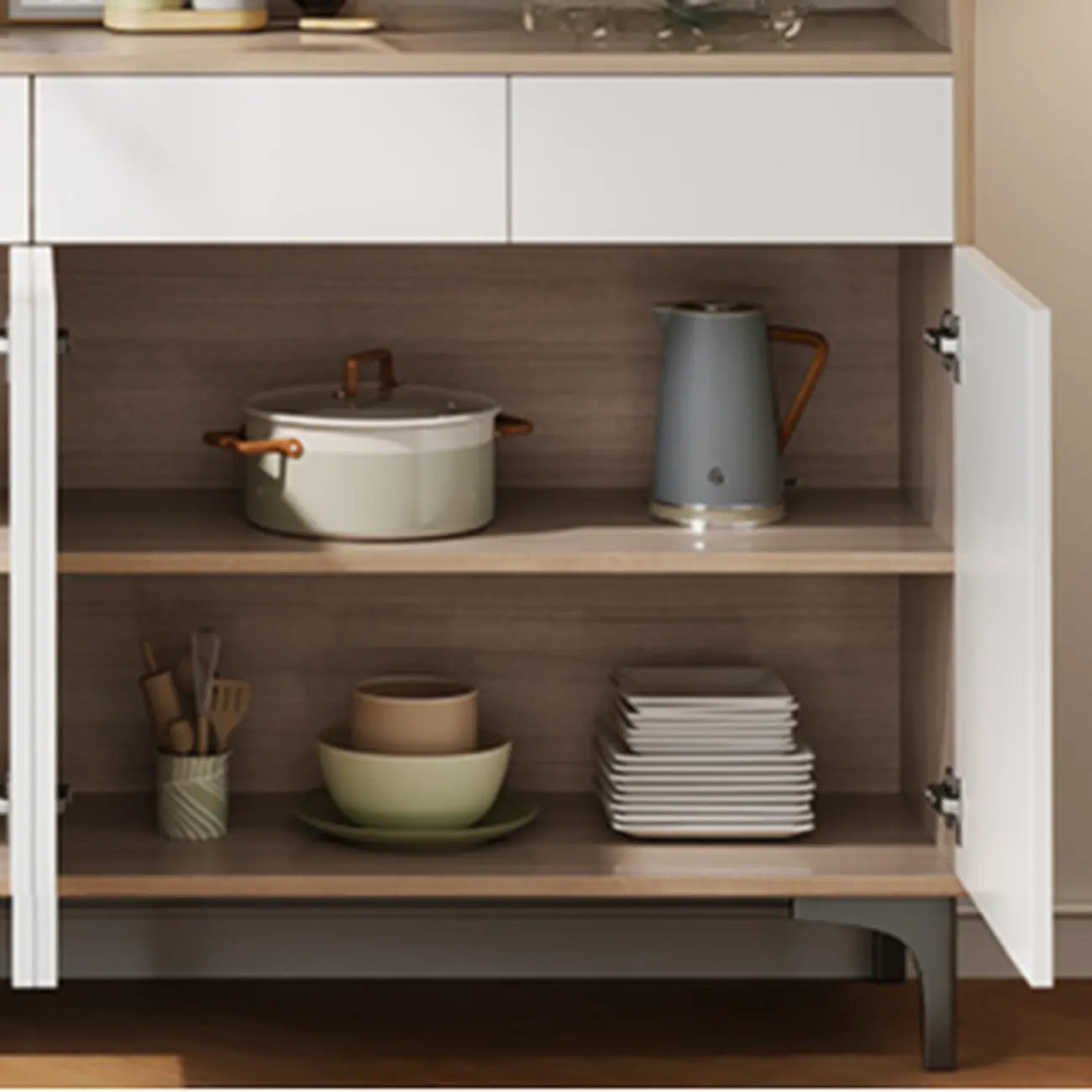 Aparador grande de madera con puertas de cristal y vitrina superior