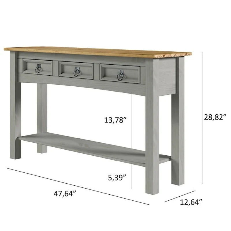 Mesa Consola de Pasillo Rústica de Pino Macizo, Blanqueado / Marrón Antiguo / Lavado Gris / Sin Pintar, 3 Cajones
