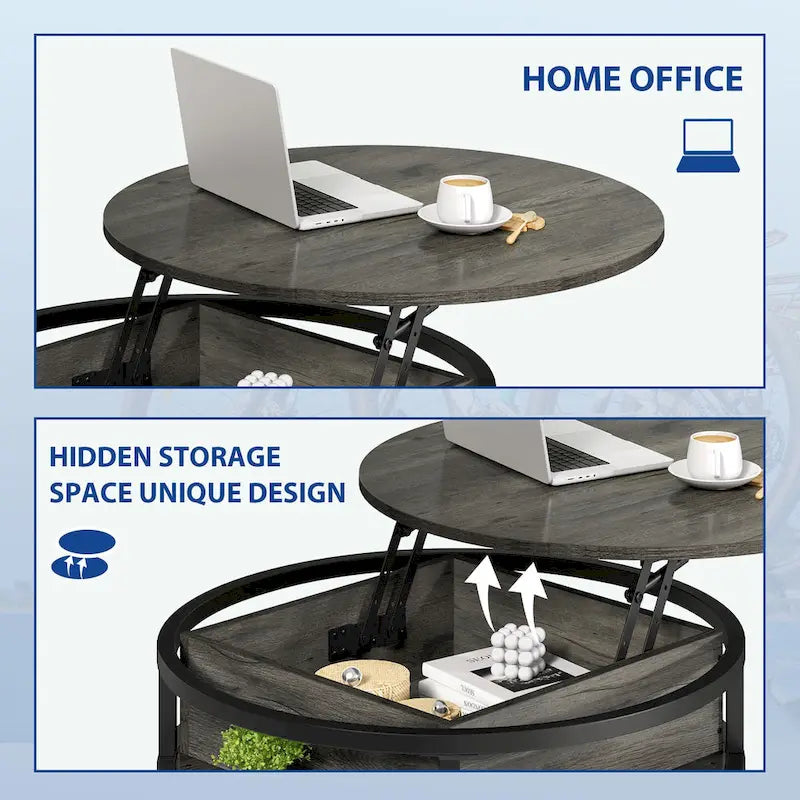 Mesa de centro redonda elevable extensible con almacenamiento oculto