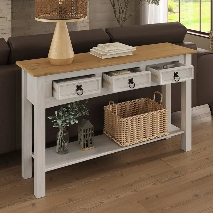 Mesa Consola de Pasillo Rústica de Pino Macizo, Blanqueado / Marrón Antiguo / Lavado Gris / Sin Pintar, 3 Cajones