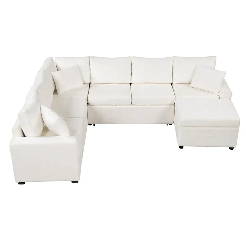 Sofá seccional de chenilla con sofá cama extraíble, sofá cama en forma de L con otomana de almacenamiento, 3 almohadas y dispositivos de carga