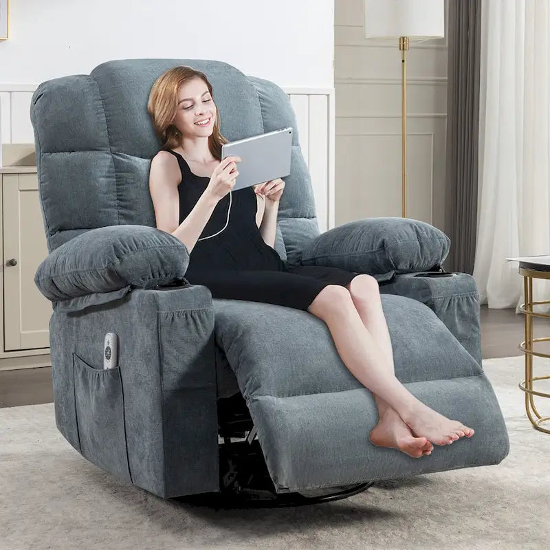 Reclinable extragrande gris con calor y masaje, reclinación de 150°, balanceo de 30°, carga USB y 2 portavasos