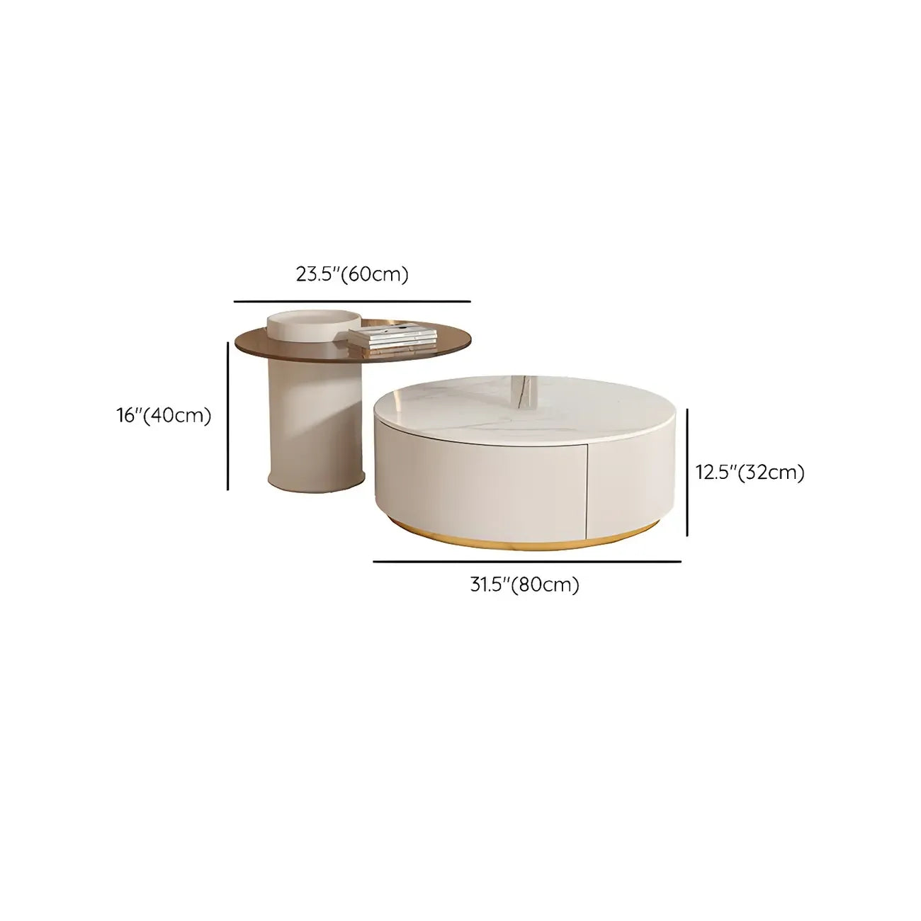 Mesa de centro redonda moderna blanca de madera con cajones tipo tambor