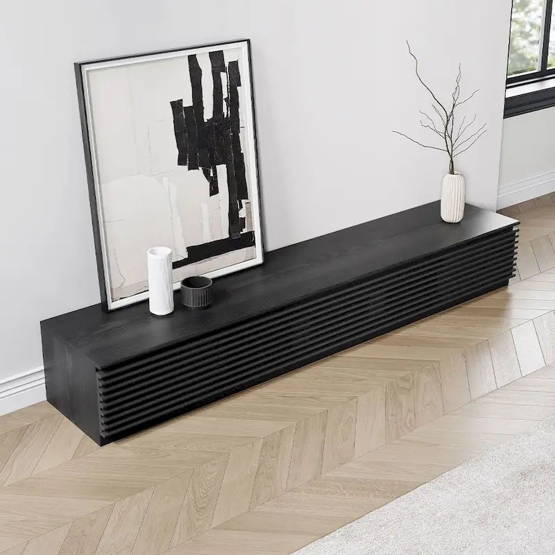 Mueble de TV Minimalista con CajonesMueble de TV de Madera Maciza con Armarios, Puerta Abatible, Chapa de Nogal, Completamente Ensamblado