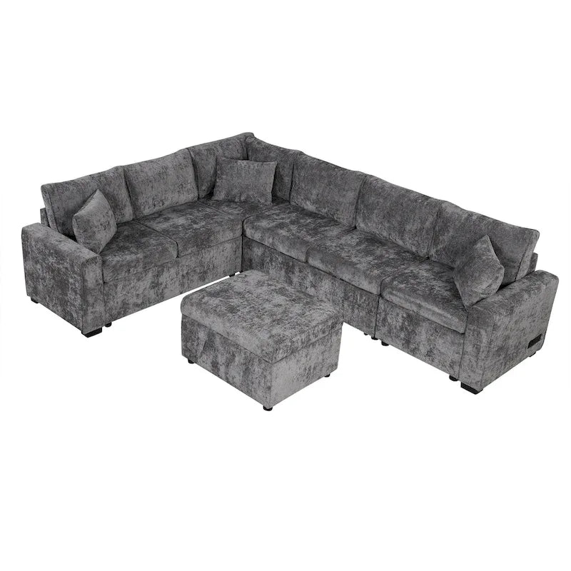 Sofá seccional de chenilla con sofá cama extraíble, sofá cama en forma de L con otomana de almacenamiento, 3 almohadas y dispositivos de carga