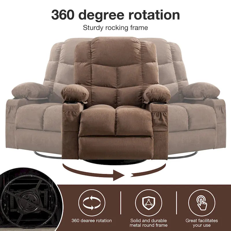 Reclinable extragrande gris con calor y masaje, reclinación de 150°, balanceo de 30°, carga USB y 2 portavasos