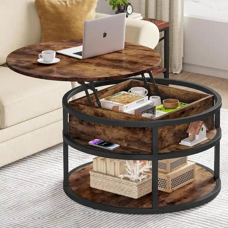 Mesa de centro redonda elevable Moasis Farmhouse con almacenamiento oculto y estante