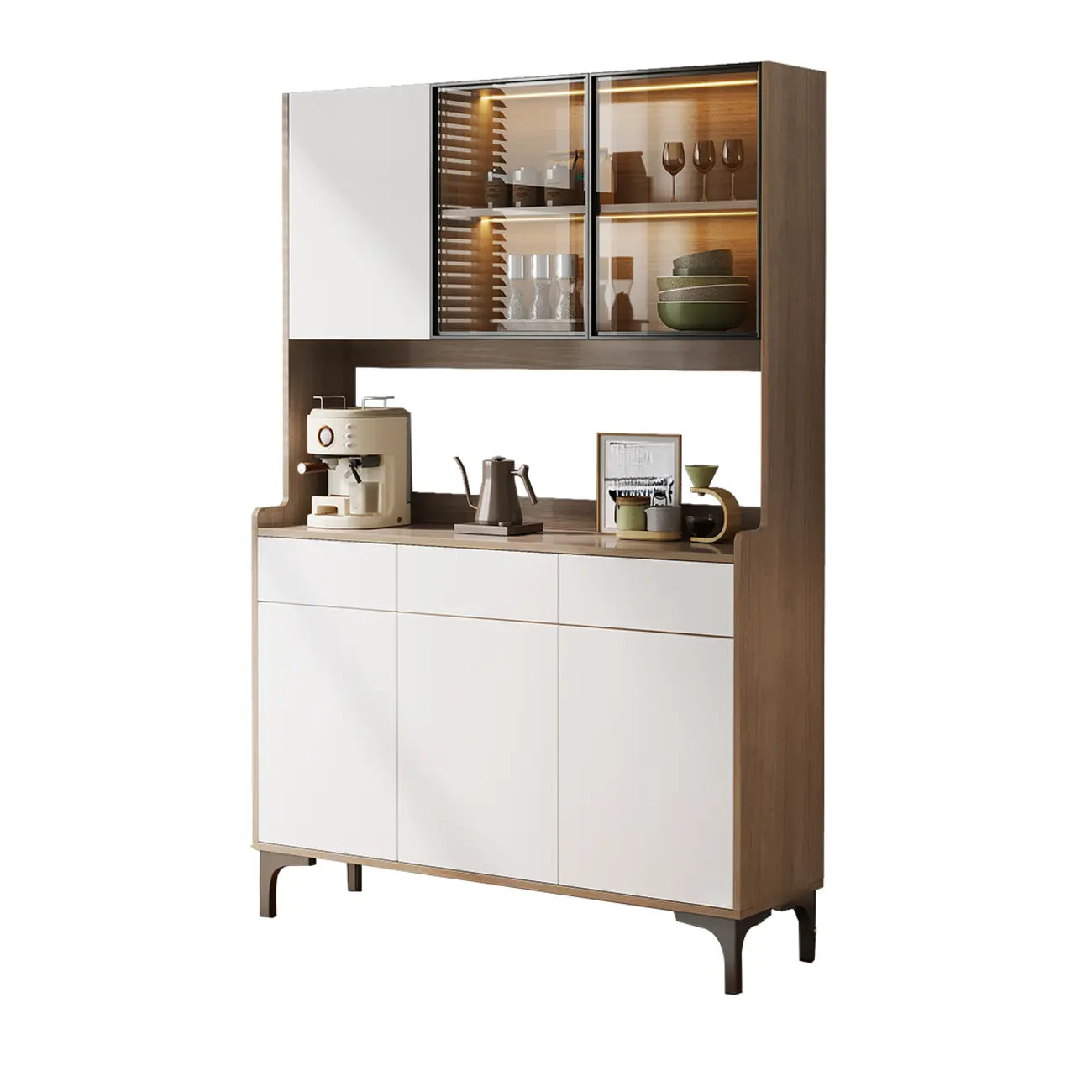 Aparador grande de madera con puertas de cristal y vitrina superior
