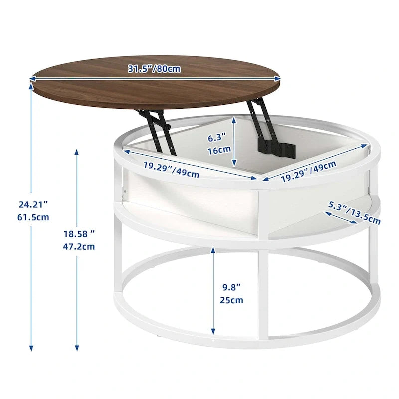 Mesa de centro redonda elevable Moasis Farmhouse con almacenamiento oculto y estante