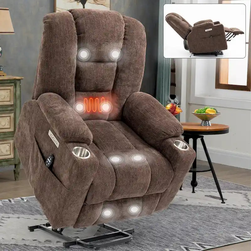 Sillón reclinable Power Lift con masaje y calor, reclinables anchos Lazy Boy extragrandes con USB, puertos tipo C y 2 portavasos de acero