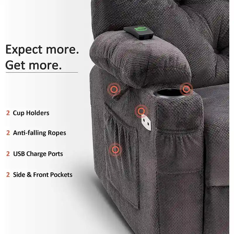 Sillón reclinable giratorio eléctrico con planeador, portavasos y puertos USB, tela, asiento individual