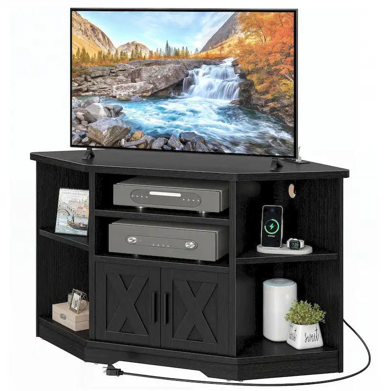 Mueble esquinero para TV estilo rústico, centro de entretenimiento y consola multimedia para televisores de hasta 55 pulgadas con toma de corriente