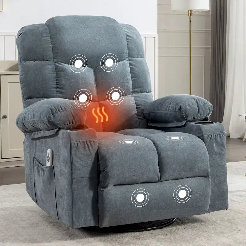 Reclinable extragrande gris con calor y masaje, reclinación de 150°, balanceo de 30°, carga USB y 2 portavasos