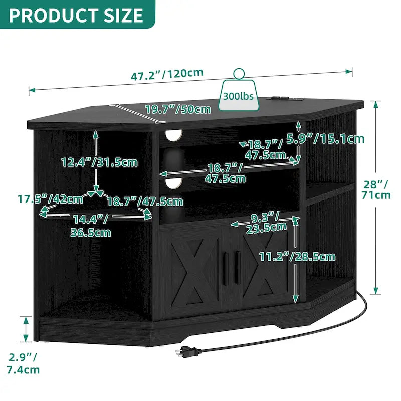 Mueble esquinero para TV estilo rústico, centro de entretenimiento y consola multimedia para televisores de hasta 55 pulgadas con toma de corriente
