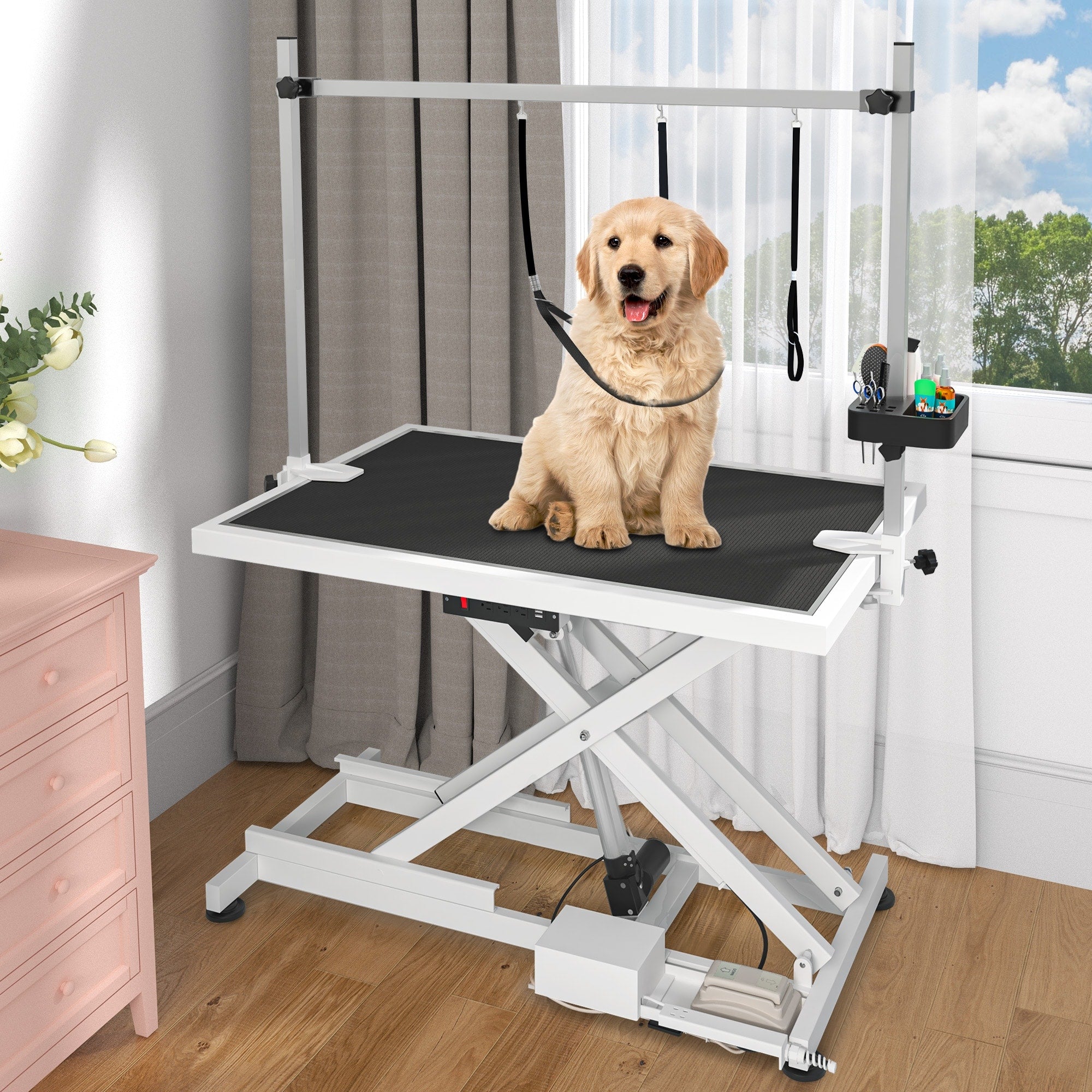 Mesa profesional eléctrica para el cuidado de perros grandes - Mesa de peluquería para mascotas de alta resistencia con brazo de aseo de aluminio - 50'' Ancho