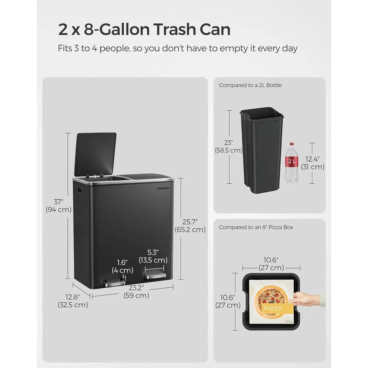 SONGMICS Bote de Basura Doble, 60L de Acero Inoxidable, Negro