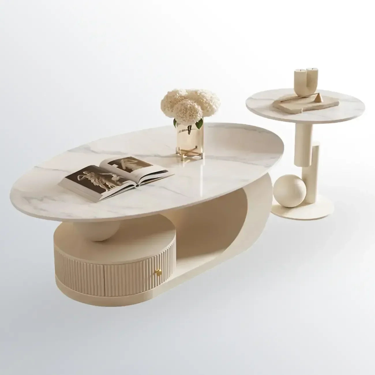 Mesa de centro moderna con cubierta de piedra blanca y resistente a los arañazos
