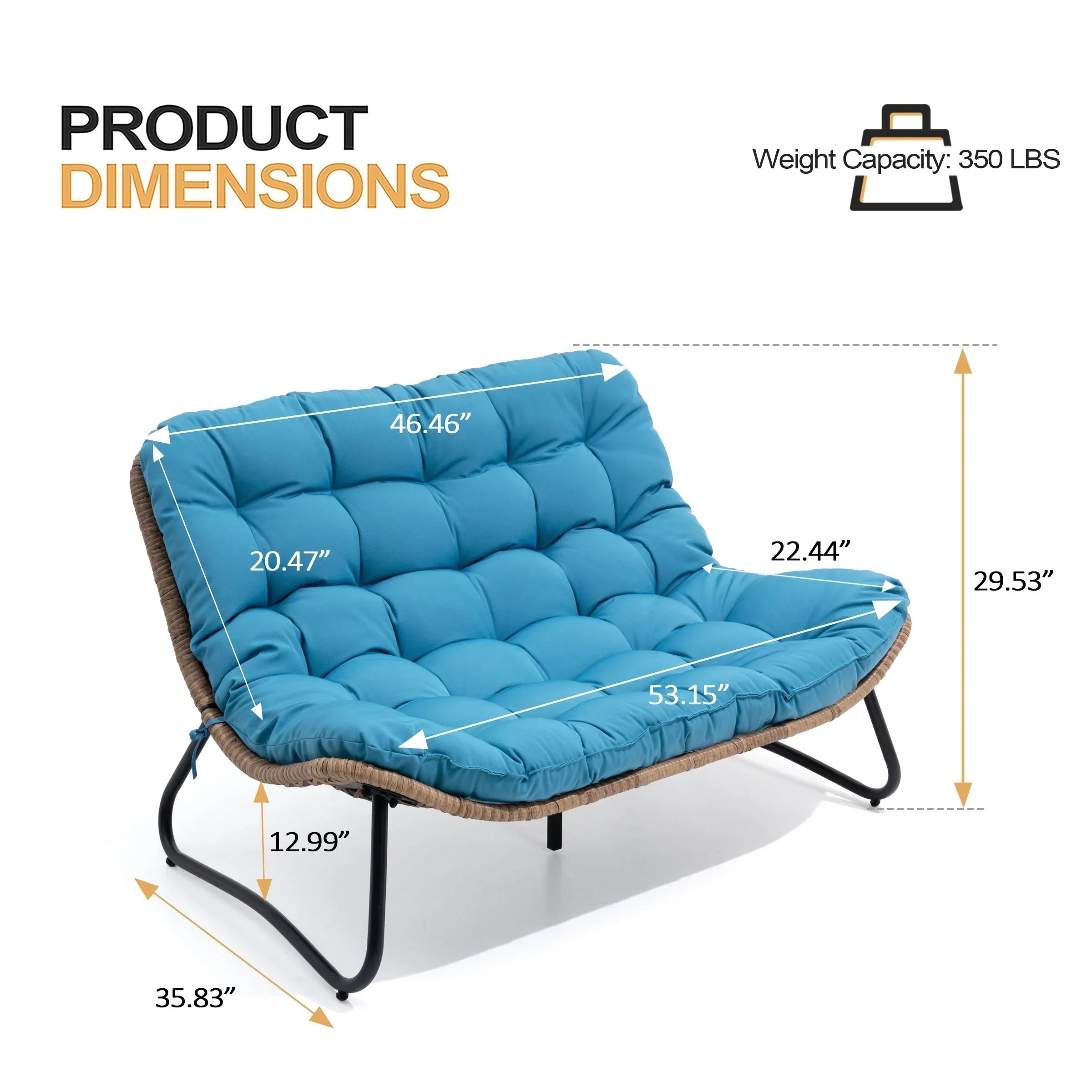 Sofá biplaza doble Papasan con cojín, ratán PE para todo tipo de clima y estructura metálica para interior/exterior
