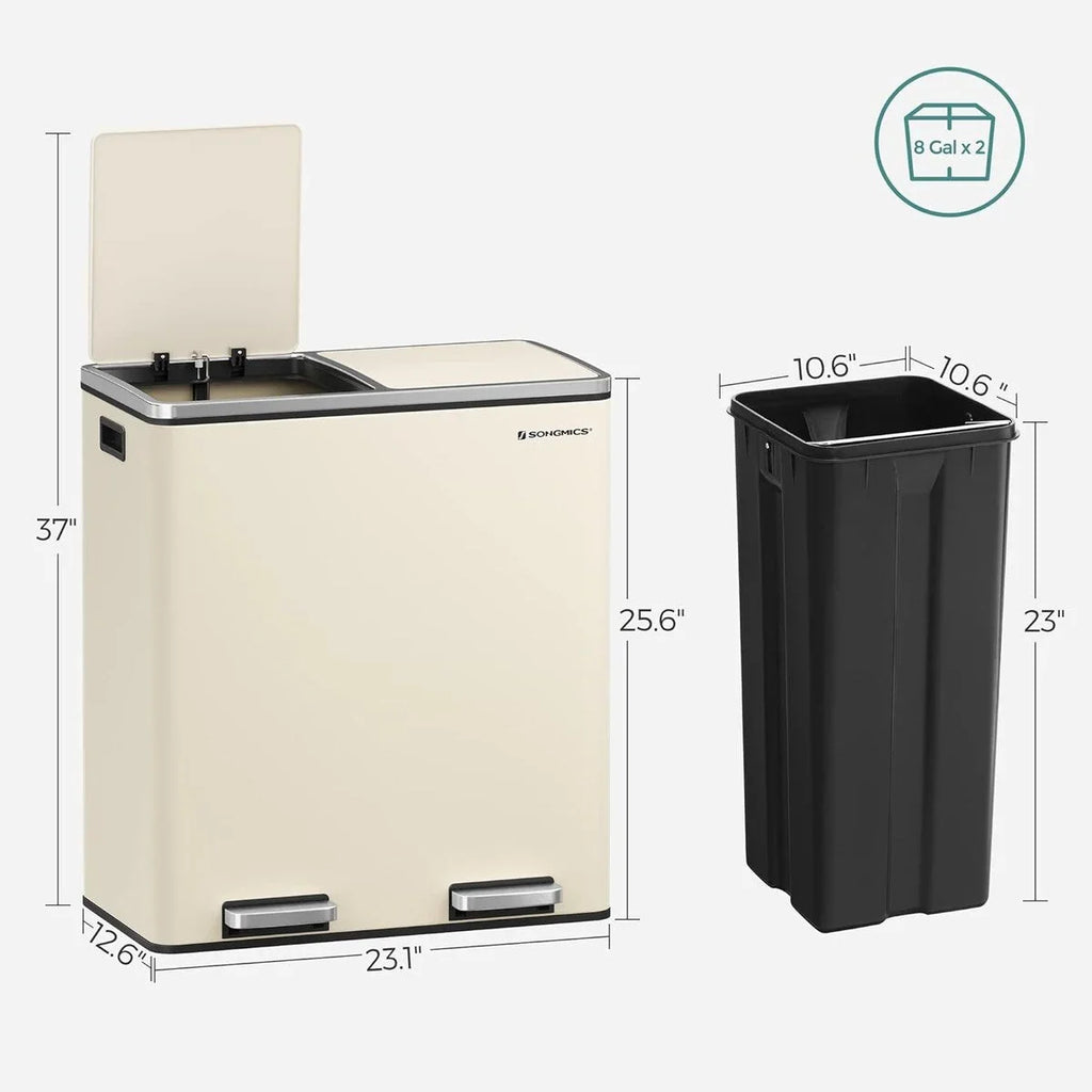 SONGMICS Cubo de Basura Doble, Bote de Basura de Acero Inoxidable de 60 Litros, Almendra