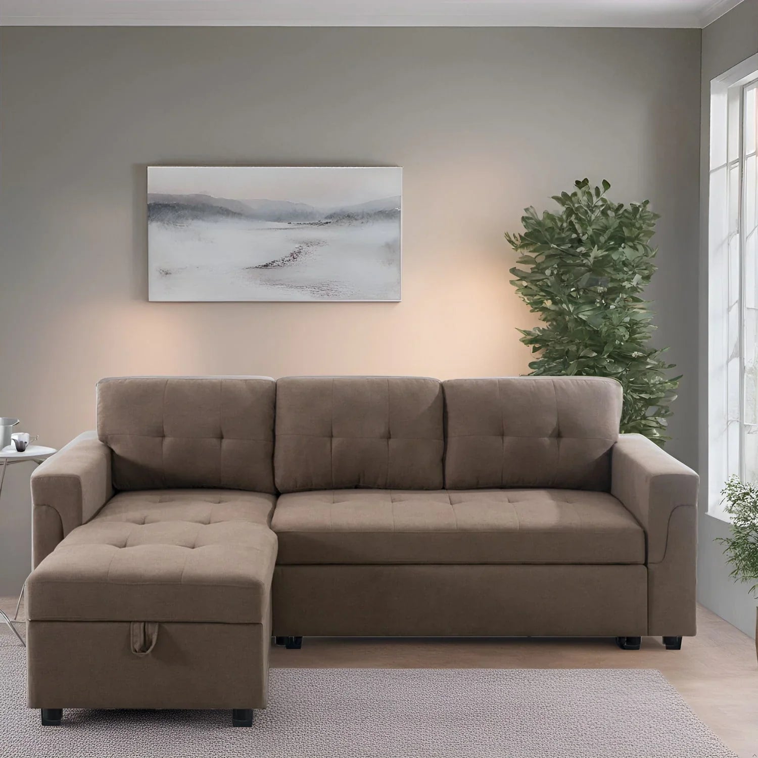 Sofá seccional reversible convertible con cama extraíble, chaise longue con almacenamiento oculto y patas duraderas