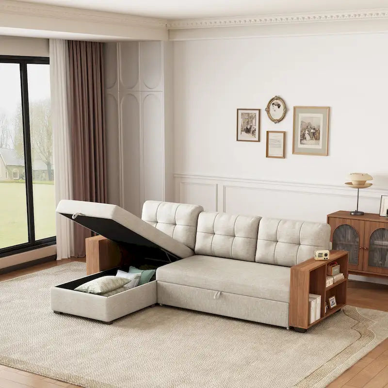 Sofá seccional convertible con cama extraíble y chaise longue con almacenaje oculto